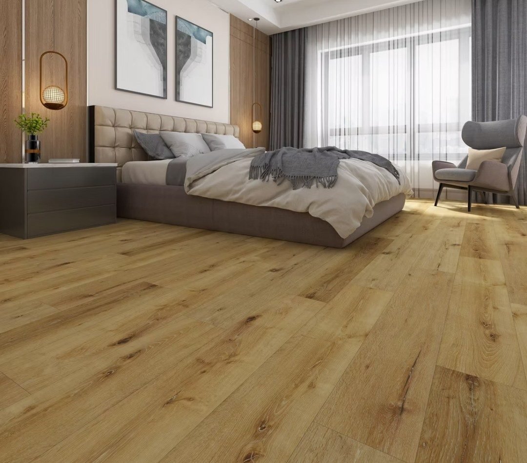 Warm oak luxury vinyl plank in a bedroom