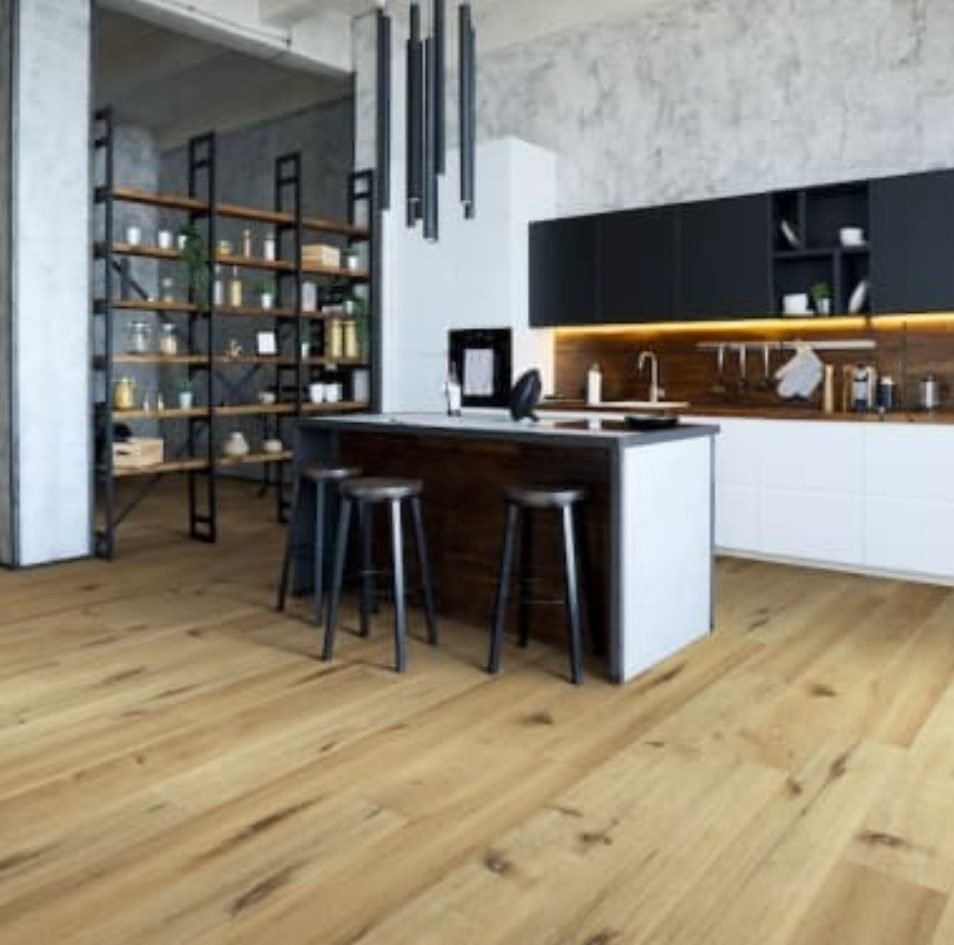 Natural wide-plank LVP in a modern kitchen