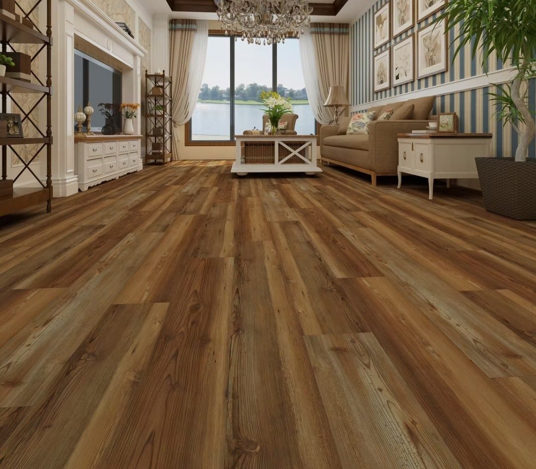Rustic weathered tone LVP in a living room